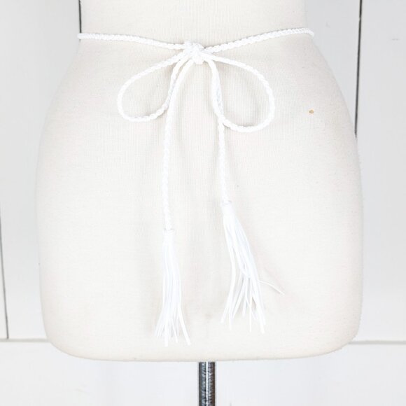 White braided faux suede rope chord fringe tassel tie belt - Picture 3 of 4
